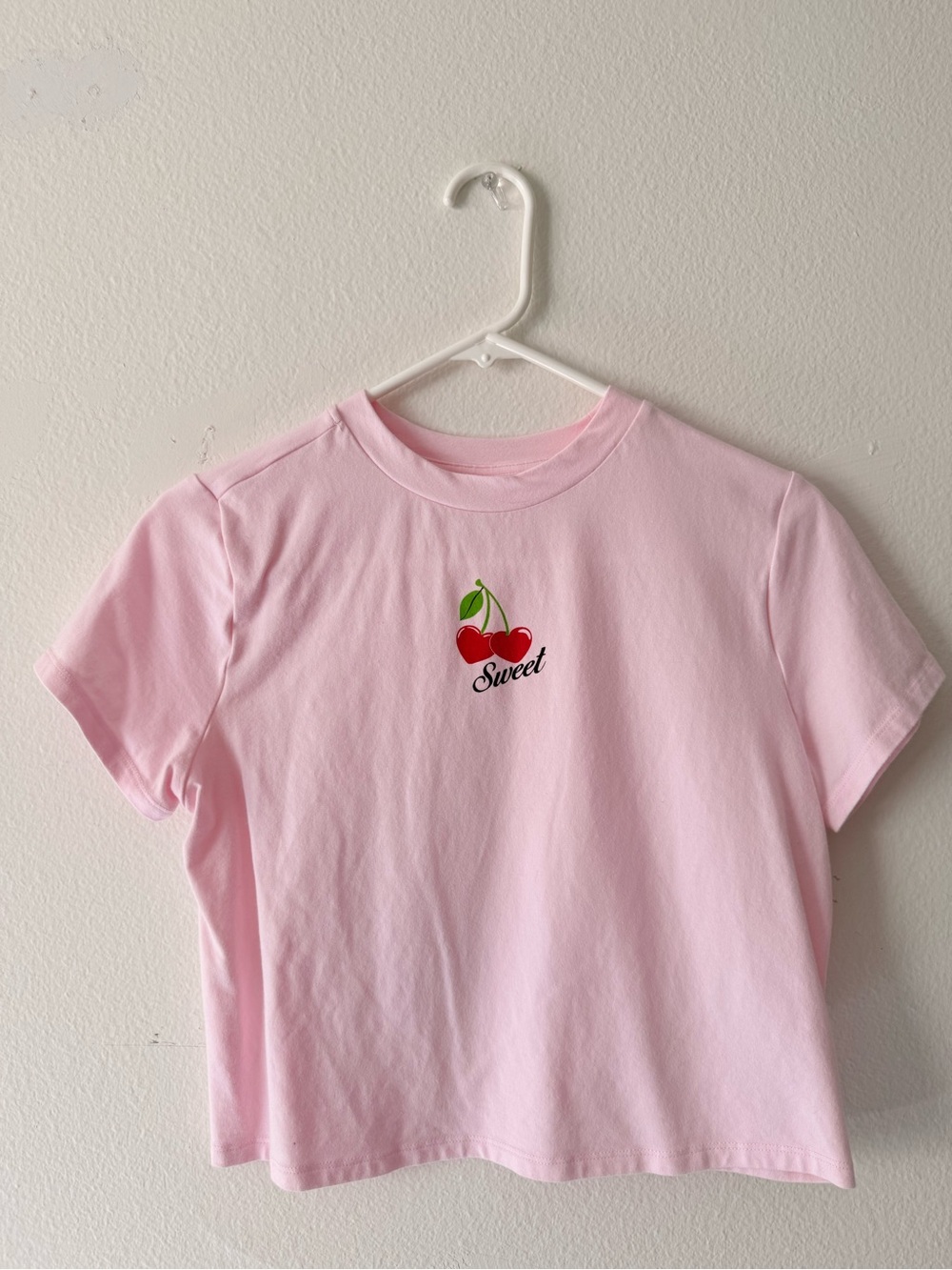 No Boundaries Pink Crop Tee with Red Cherry Graphic